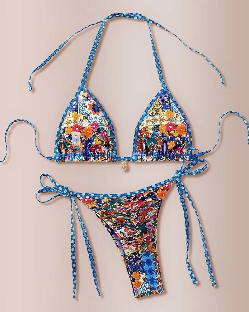 Blue Gradient Floral Print String Bikini Swimwear