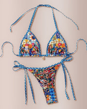 Blue Gradient Floral Print String Bikini Swimwear