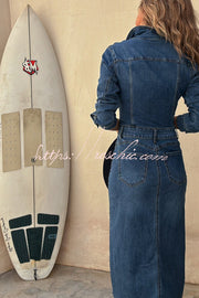 Denim Midi Dress with Button-Zip Shirt Neck & Pencil Slit