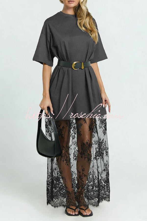 Lace Hem Maxi Dress – Loose Fit Short Sleeve Vacation Dress