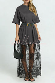 Lace Hem Maxi Dress – Loose Fit Short Sleeve Vacation Dress