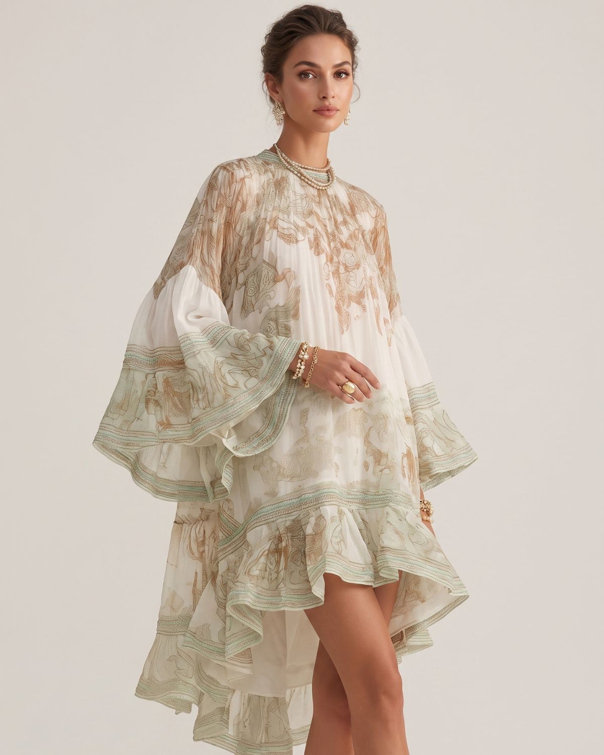 Bell Sleeve Print Ruffle Mini Dress
