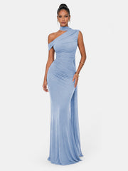One Shoulder Formal Evening Gown with Built-In Bra, Ruched Mesh