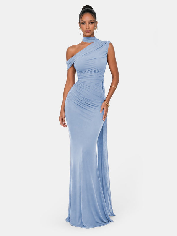 One Shoulder Formal Evening Gown with Built-In Bra, Ruched Mesh