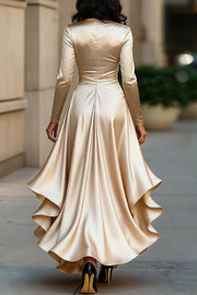 Satin V-Neck Long Sleeve Ruffled Maxi Dress