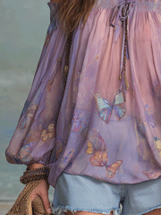 Butterfly Print Off-Shoulder Smocked Tie-Neck Blouse