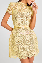 Yellow Lace Mini Dress with Bow Belt and Short Sleeves
