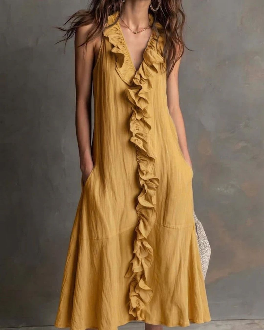 Ruffle-Front V-Neck Maxi Dress
