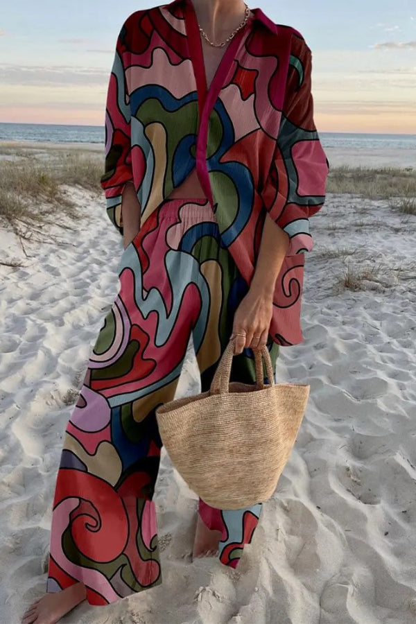 Geometric Color Block Oversized Shirt & Pants Set