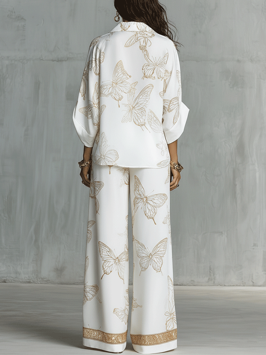 Butterfly Jacquard Blouse & Wide-Leg Pants Set | Boho Luxe