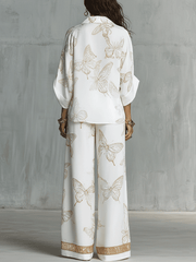 Butterfly Jacquard Blouse & Wide-Leg Pants Set | Boho Luxe