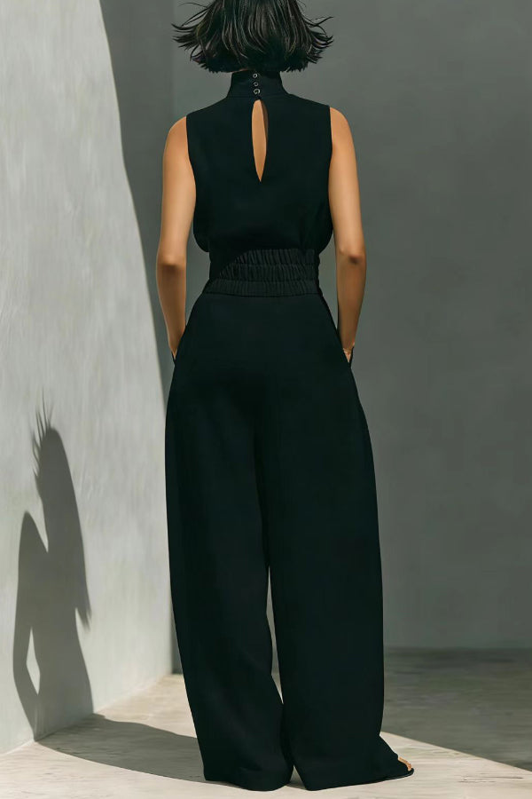 Ensemble haut à col roulé et pantalon large en lin mélangé