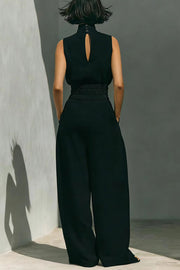 Ensemble haut à col roulé et pantalon large en lin mélangé