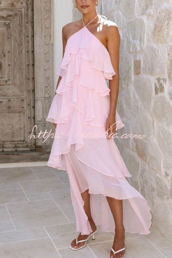 Chiffon Halter Neck Ruffle Maxi Dress – Loose Fit