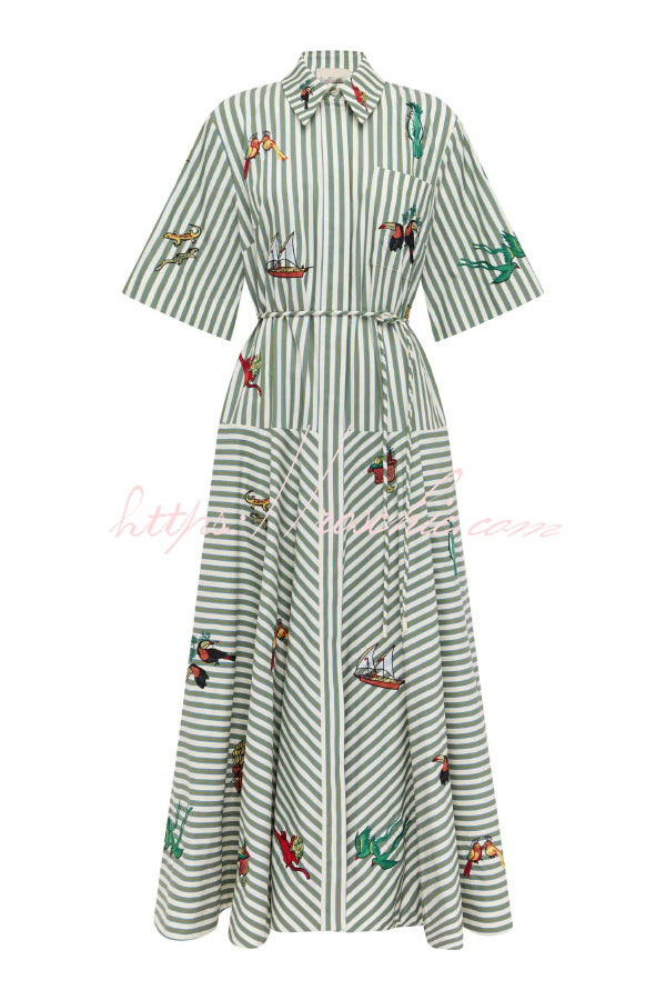 Linen Blend Striped Maxi Dress with Belt & Collar