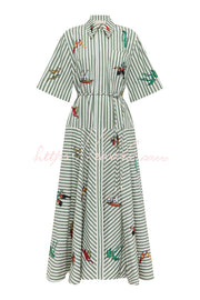 Linen Blend Striped Maxi Dress with Belt & Collar
