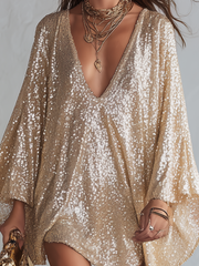 Champagne Sequin Boho Mini Dress with Deep V-Neckline