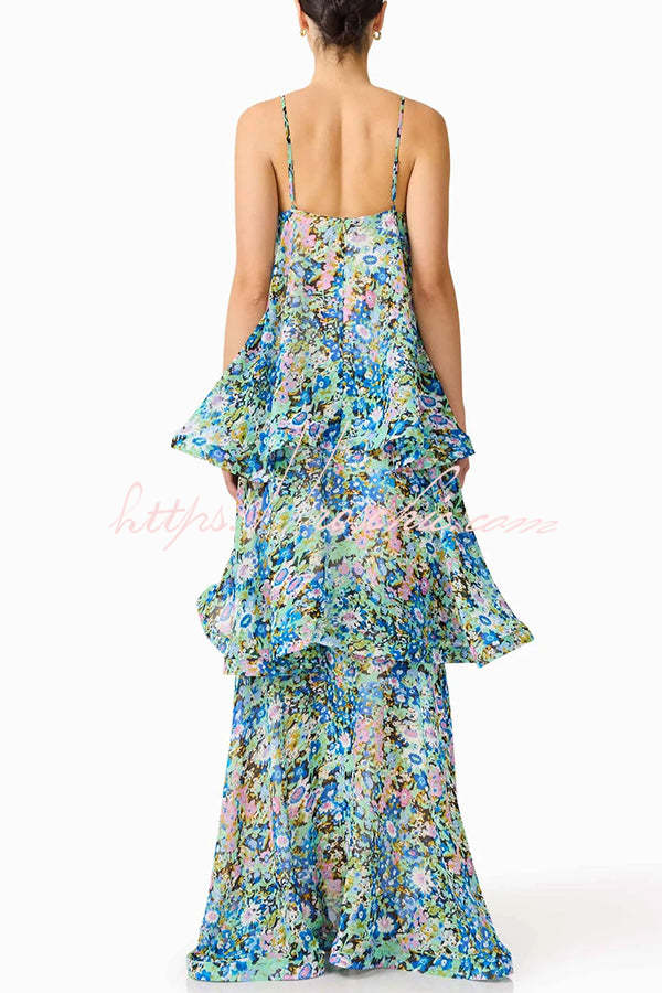 Floral Print Georgette Tiered Maxi Dress – Square Neck