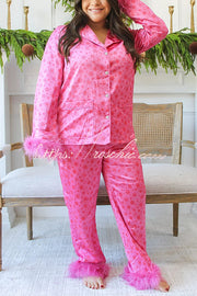 Christmas Printed Feather Trim Pajama Set with Pockets