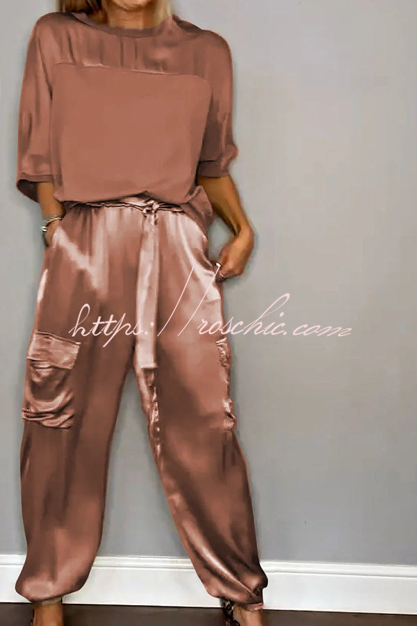 Satin Half-Sleeve Top & Elastic Waist Pants Set