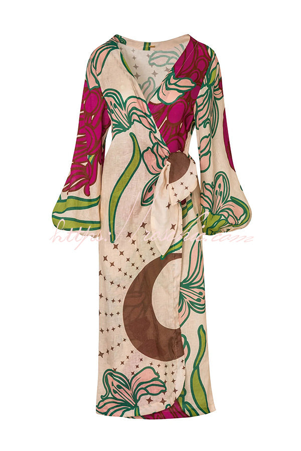 Linen Blend Balloon Sleeve Tie-Up Maxi Dress | Unique Print