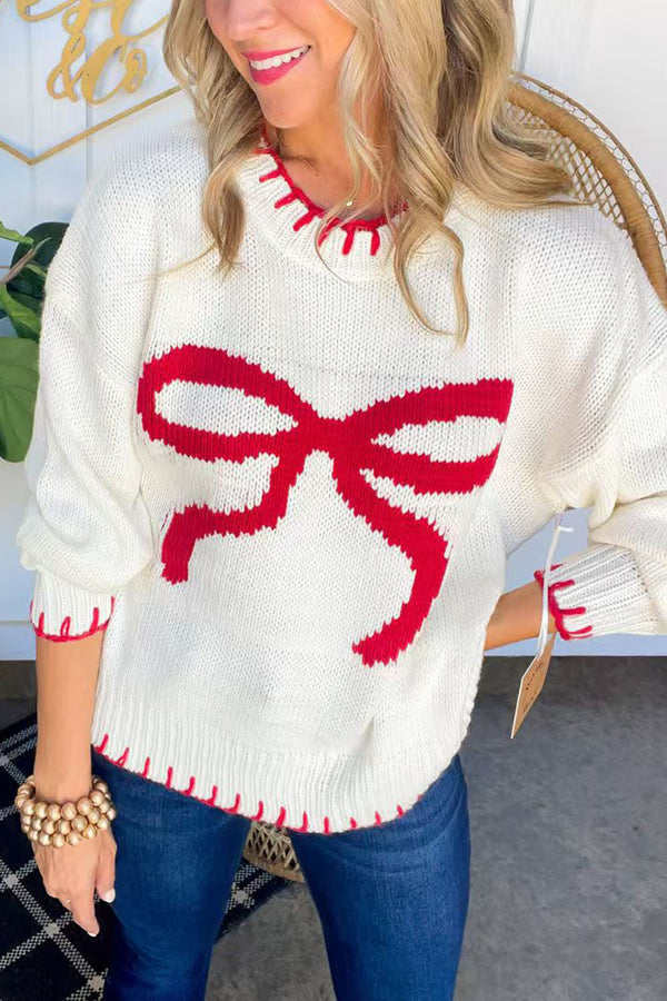 Christmas Bow Knit Sweater – Contrast Color Long Sleeve