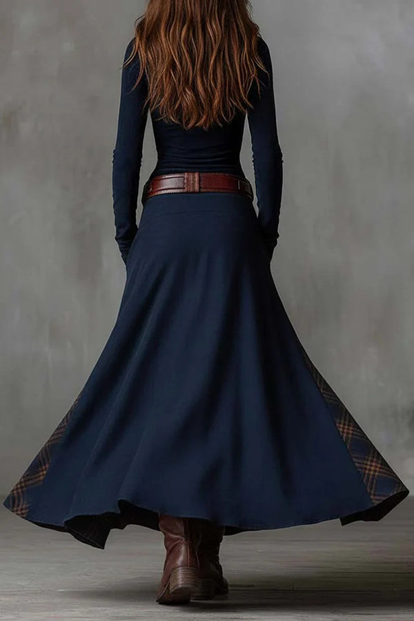 Retro Patchwork Maxi Dress – Long Sleeve Casual Vacation