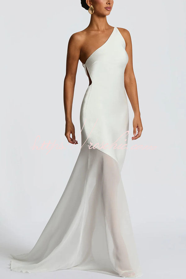 Satin One-Shoulder Maxi Dress with Chiffon Fishtail Hem