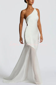 Satin One-Shoulder Maxi Dress with Chiffon Fishtail Hem