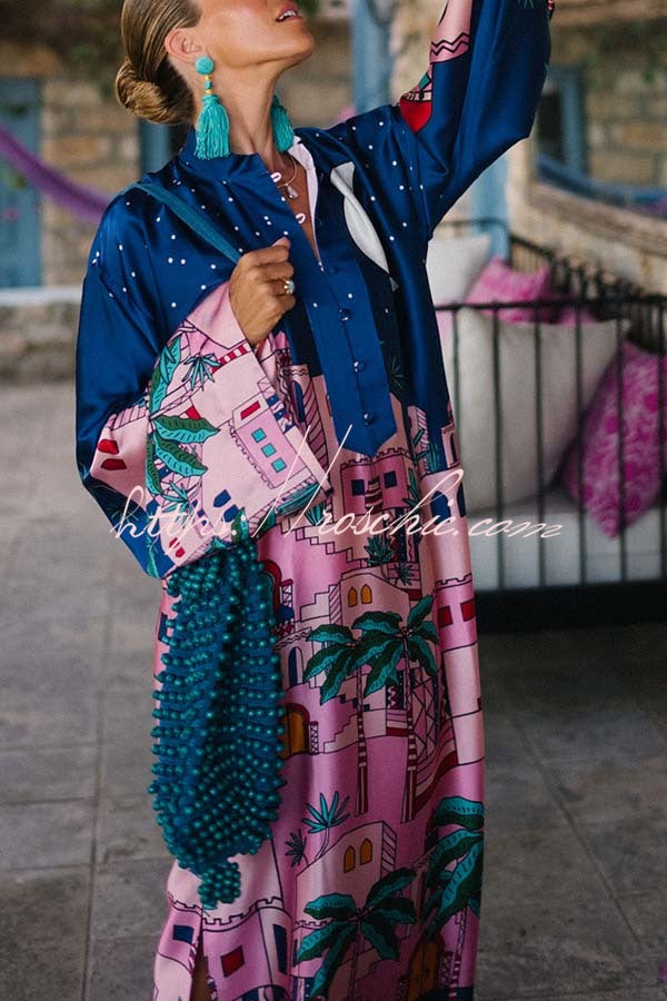 Satin Print Button-Up Kaftan Midi Dress with Long Sleeves