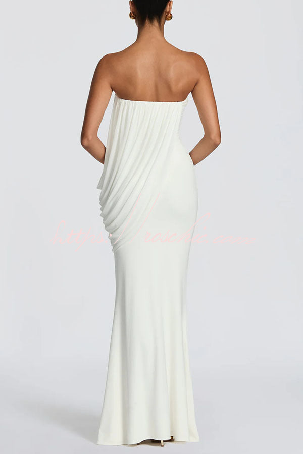 Modal Knit Strapless Maxi Dress with Asymmetric Draped Mesh