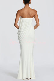 Modal Knit Strapless Maxi Dress with Asymmetric Draped Mesh