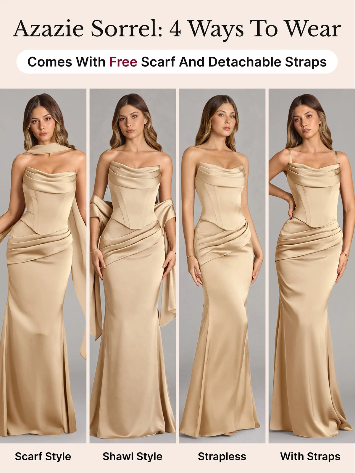 AZAZIE Sorrel Wedding Guest Gown for Women, 2-Piece Luminous Satin Mermaid Dress with Cowl Neck, Lace-up Corset Top & Chiffon Scarf, Gowns
