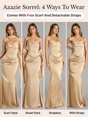 AZAZIE Sorrel Wedding Guest Gown for Women, 2-Piece Luminous Satin Mermaid Dress with Cowl Neck, Lace-up Corset Top & Chiffon Scarf, Gowns