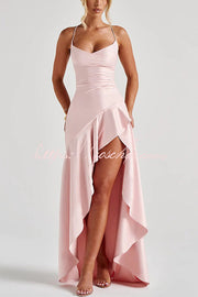 Backless Lace-Up Ruffle Maxi Dress – Spaghetti Strap