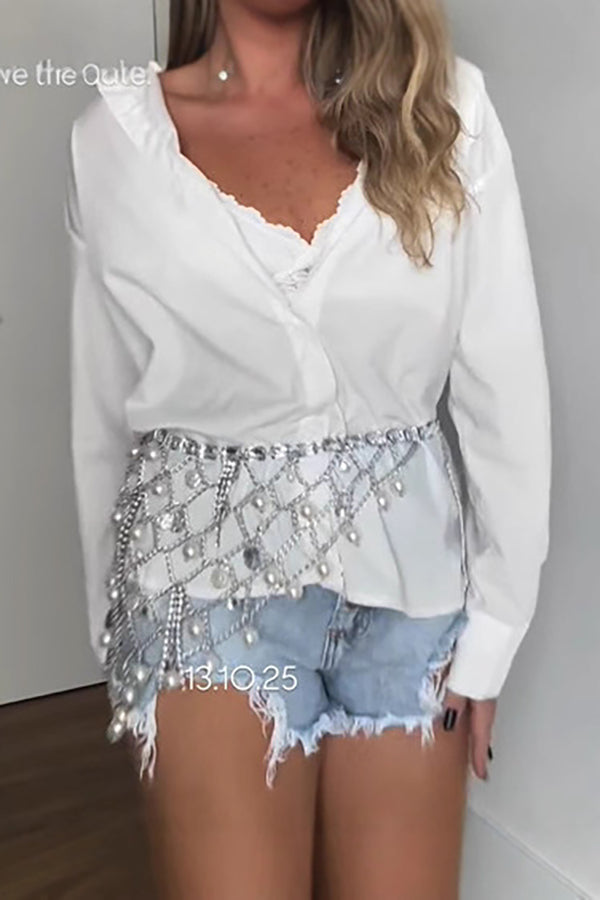 Pearl Openwork Pendant Body Chain Belt – Silver