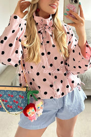 Polka Dot Loose Jacket with Stand Collar & Bow Tie Detail