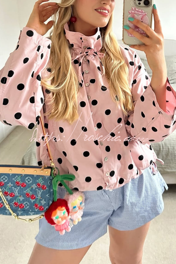 Polka Dot Loose Jacket with Stand Collar & Bow Tie Detail