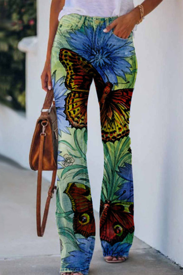 Faux Denim Print High Rise Flare Pants – Women's Casual