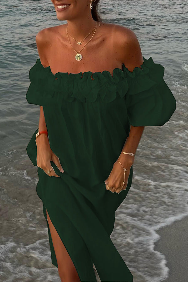Linen Blend Off Shoulder Midi Dress with Pockets