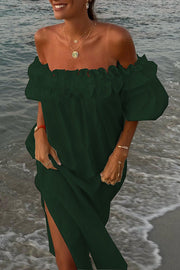 Linen Blend Off Shoulder Midi Dress with Pockets
