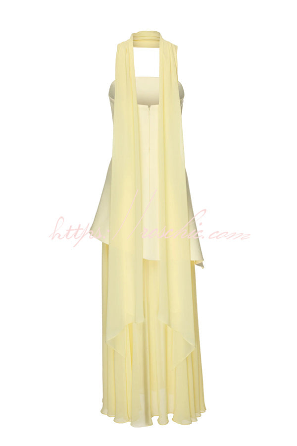 Off Shoulder Chiffon Maxi Dress with Structured Top & Slit