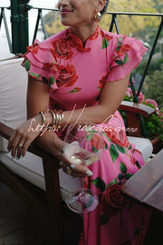 Rose Floral Print Cheongsam Maxi Dress with Tiered Sleeves