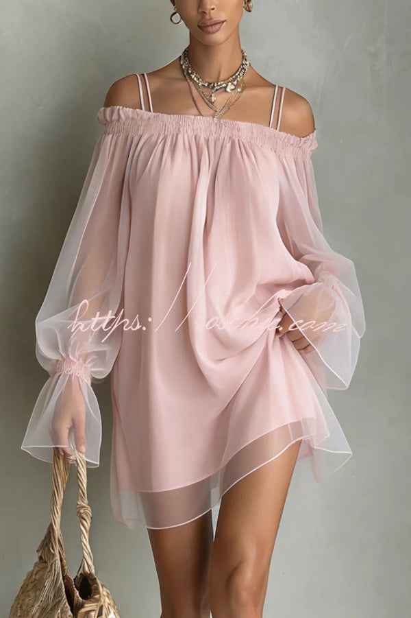 Sheer Off-Shoulder Long Sleeve Loose Fit Short Dress