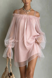 Sheer Off-Shoulder Long Sleeve Loose Fit Short Dress