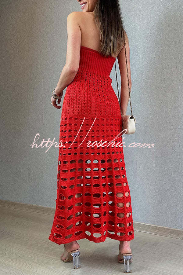 Robe longue en tricot à épaules dénudées et patchwork rustique – Coupe ample