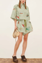 Linen Blend Striped Short Sleeve Shirt & Shorts Set