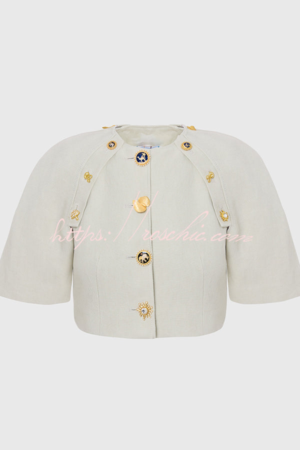 Linen Blend Crop Jacket with Metal Pattern Buttons & Slit Sleeves
