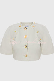Linen Blend Crop Jacket with Metal Pattern Buttons & Slit Sleeves