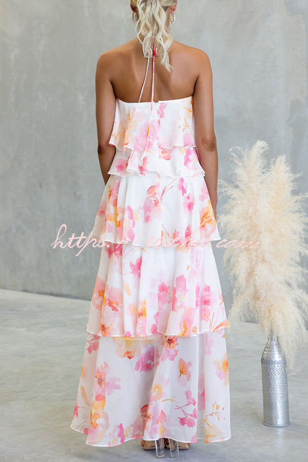 Chiffon Floral Print Halter Maxi Dress with Tiered Ruffles